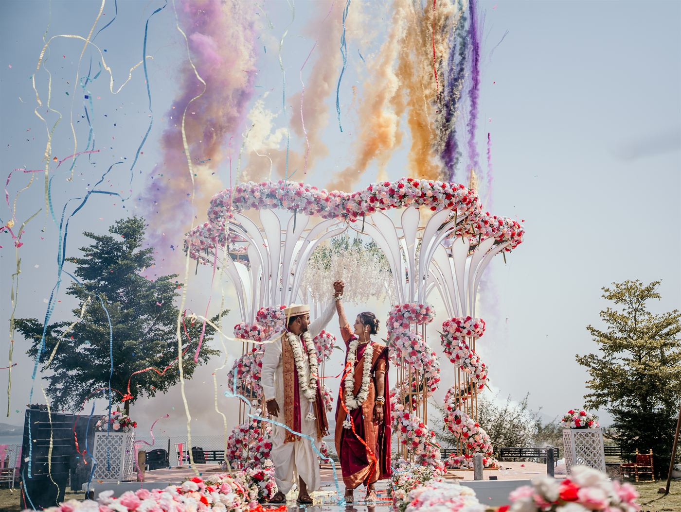 Celebration moment with joyful bride and groom